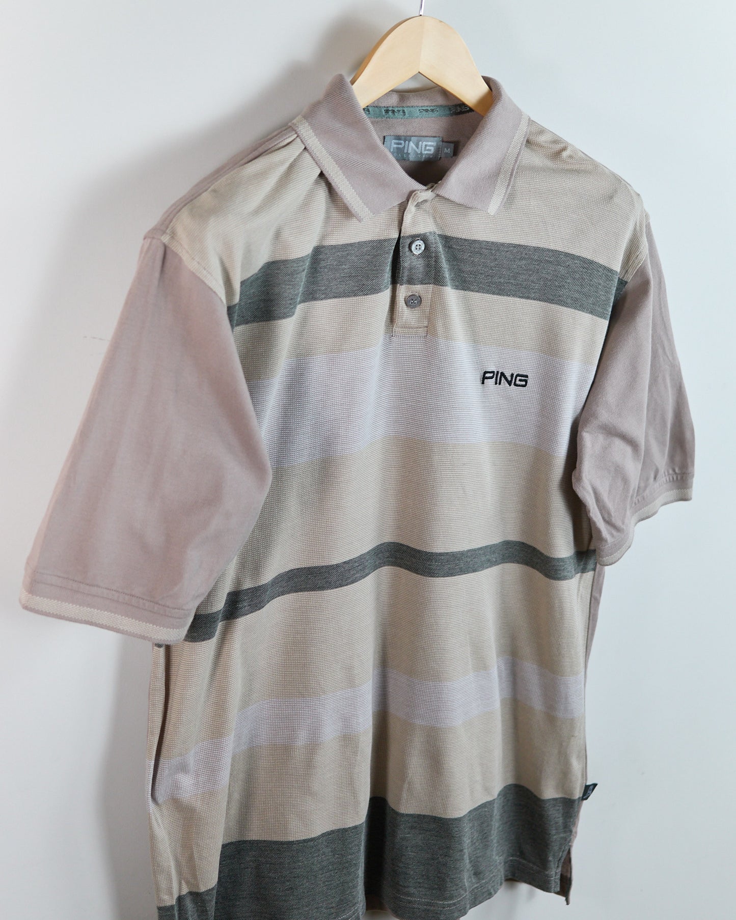 90s Ping Beige Block Stripe Pattern Polo (M)