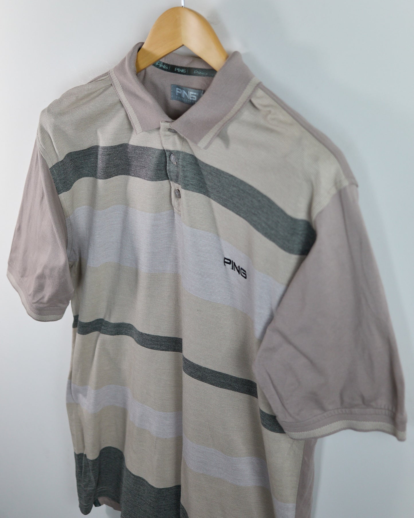90s Ping Beige Block Stripe Pattern Polo (M)
