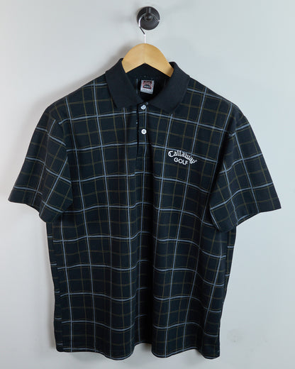 90s Callaway Dark Blue/Light Blue Tartan Pattern Polo (L)