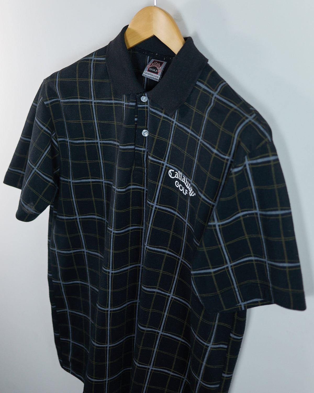 90s Callaway Dark Blue/Light Blue Tartan Pattern Polo (L)