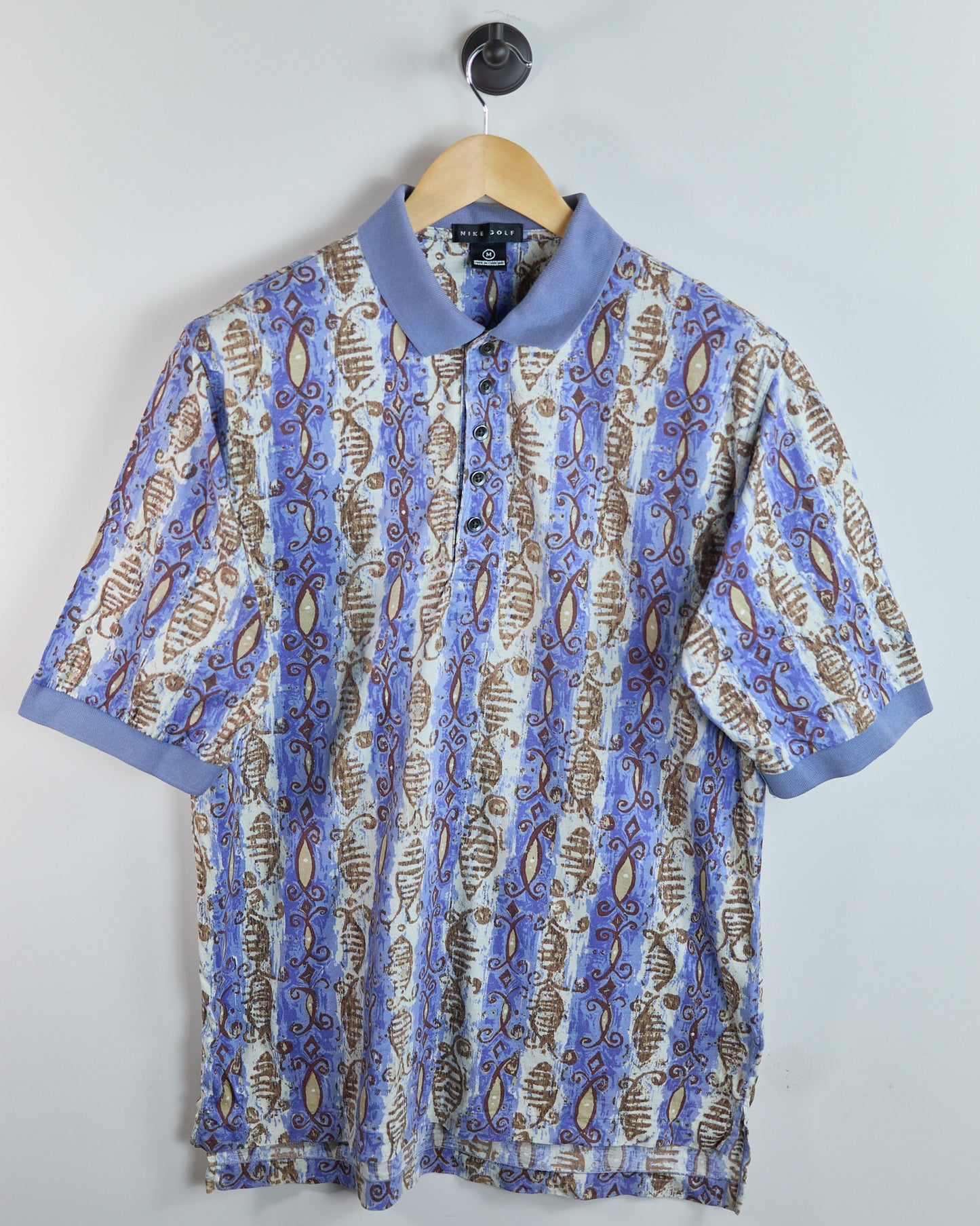 80s to early 90s Nike Golf Swoosh Blue/White Pattern Polo (M)