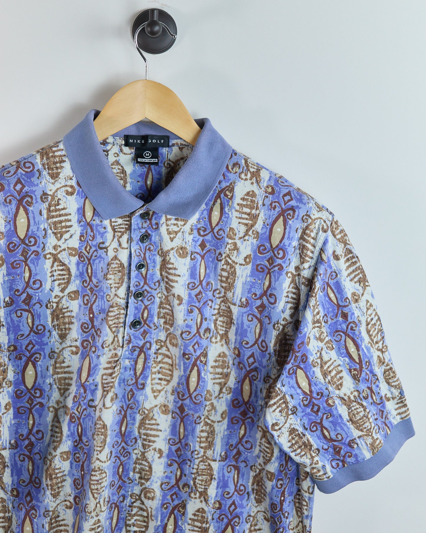 80s to early 90s Nike Golf Swoosh Blue/White Pattern Polo (M)