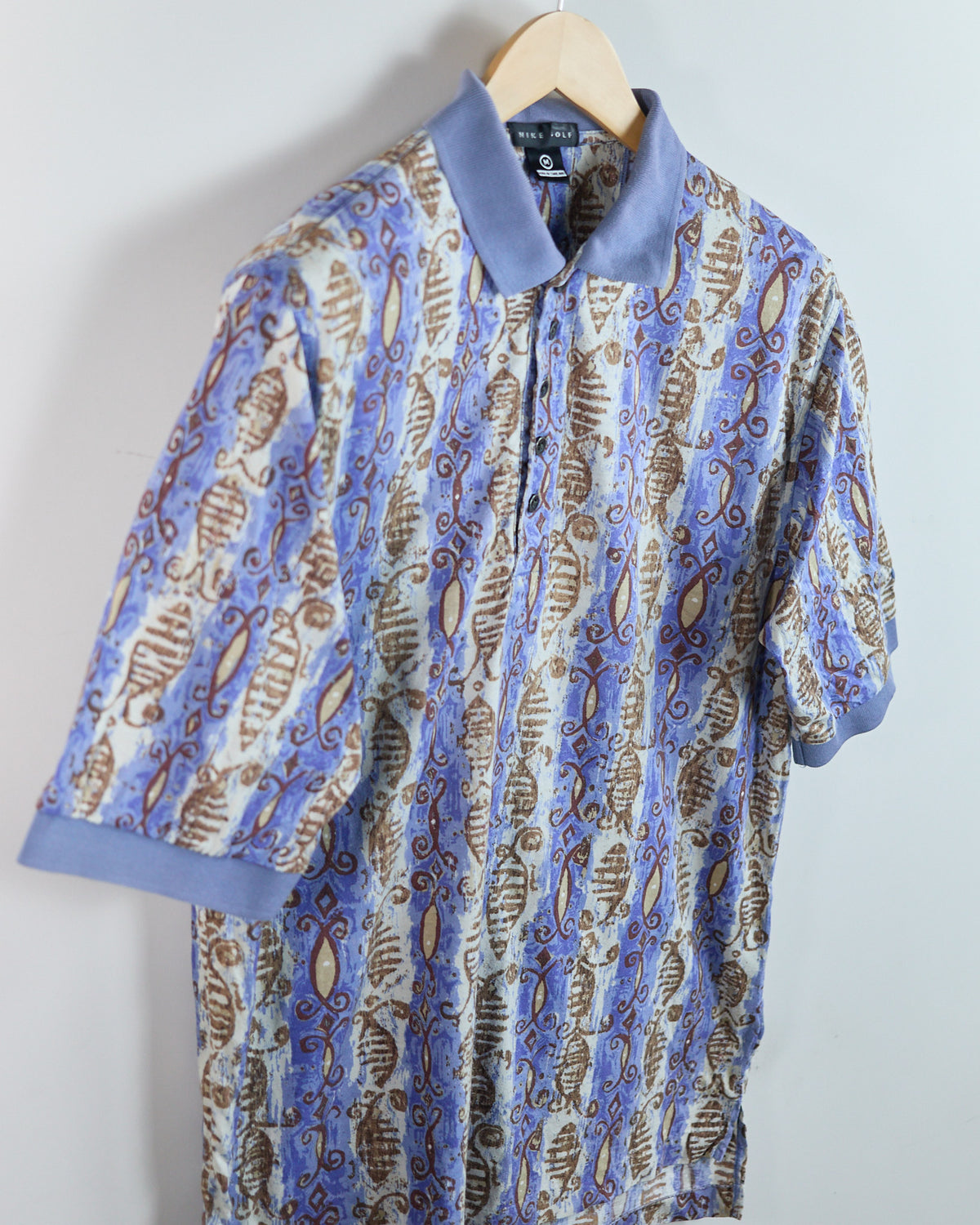 80s to early 90s Nike Golf Swoosh Blue/White Pattern Polo (M)