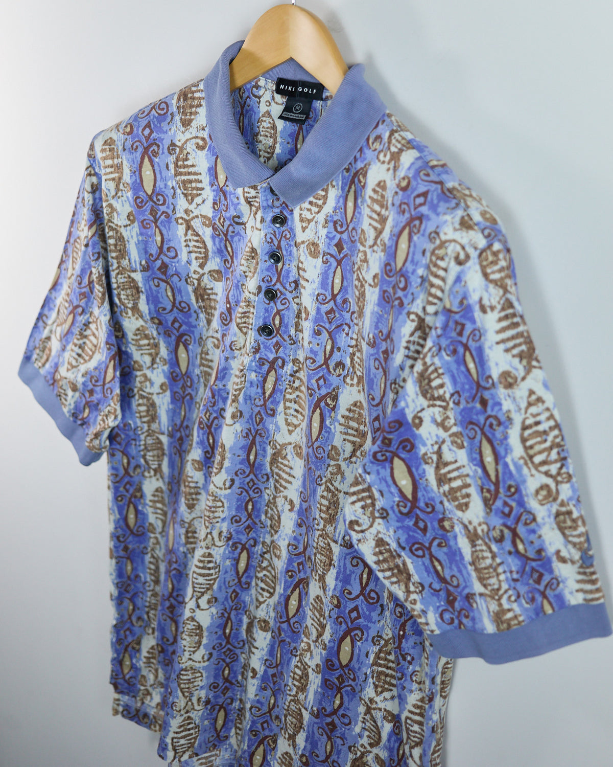 80s to early 90s Nike Golf Swoosh Blue/White Pattern Polo (M)