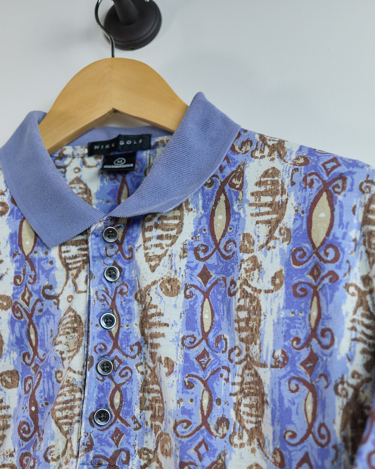 80s to early 90s Nike Golf Swoosh Blue/White Pattern Polo (M)