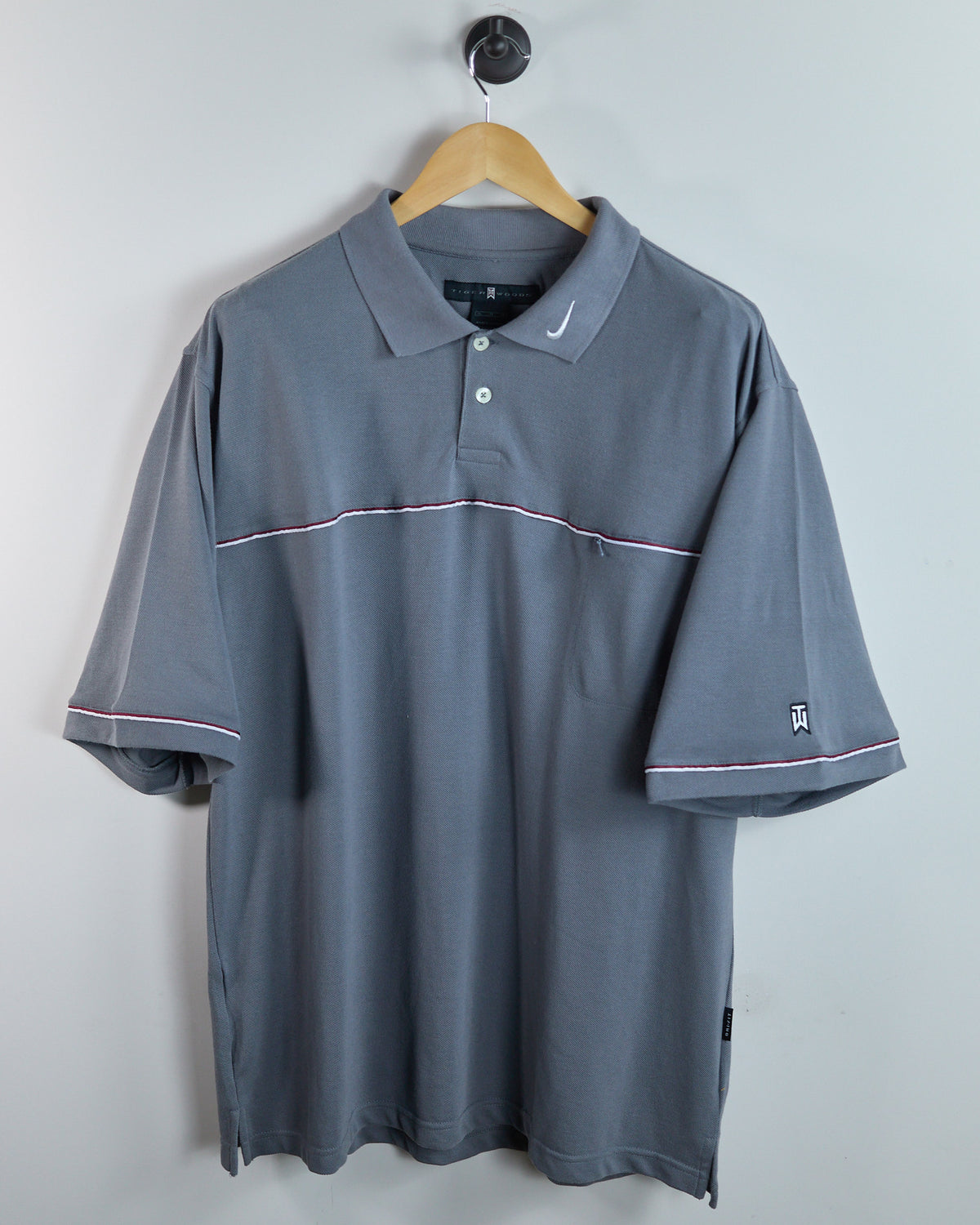 90s to 00s Nike Golf Tiger Woods Grey, Red/White Horizontal Stripe Polo (XL)
