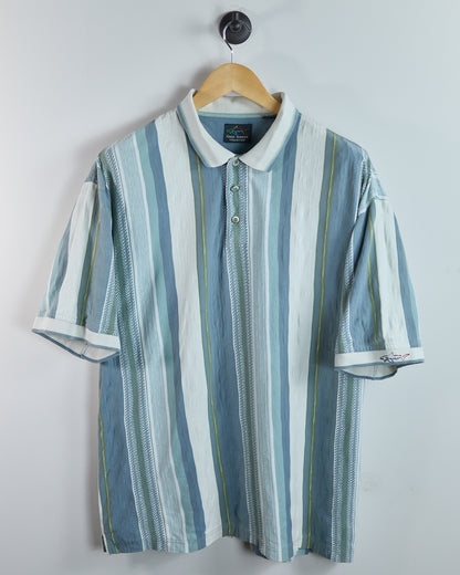 90s Greg Norman Blue/White Vertical Stripe Pattern Polo (XL)