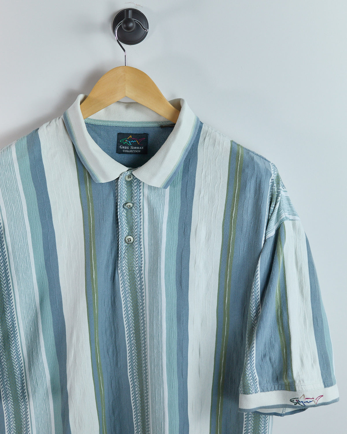 90s Greg Norman Blue/White Vertical Stripe Pattern Polo (XL)