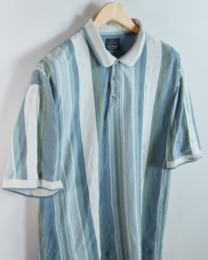 90s Greg Norman Blue/White Vertical Stripe Pattern Polo (XL)