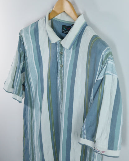 90s Greg Norman Blue/White Vertical Stripe Pattern Polo (XL)