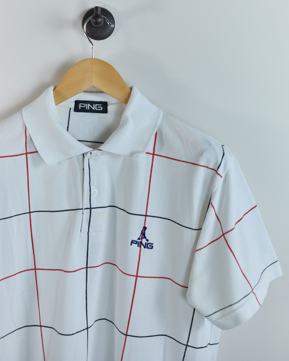 90s Ping White/Red Square Block Pattern Polo (L)