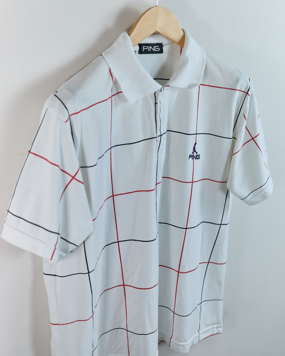 90s Ping White/Red Square Block Pattern Polo (L)