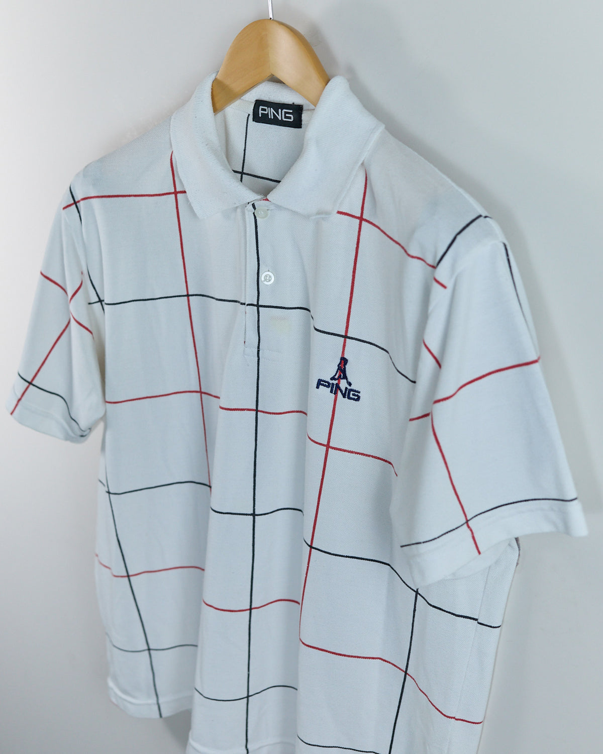 90s Ping White/Red Square Block Pattern Polo (L)