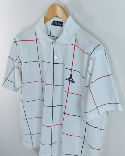 90s Ping White/Red Square Block Pattern Polo (L)
