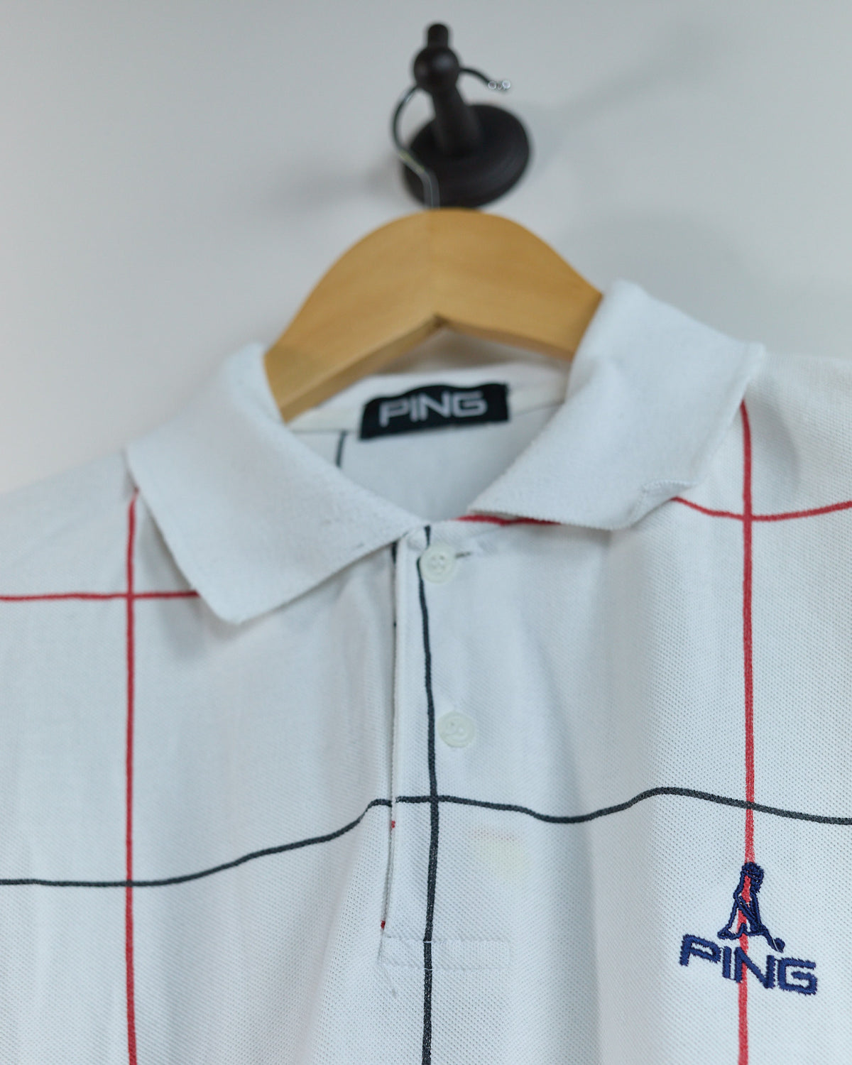 90s Ping White/Red Square Block Pattern Polo (L)