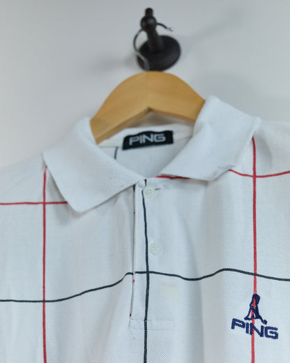 90s Ping White/Red Square Block Pattern Polo (L)