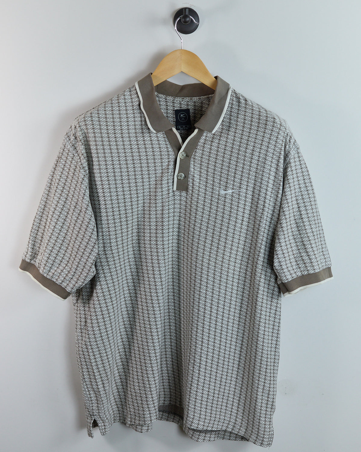 90s Nike Golf Swoosh White/Brown Diamond Pattern Polo (XL)