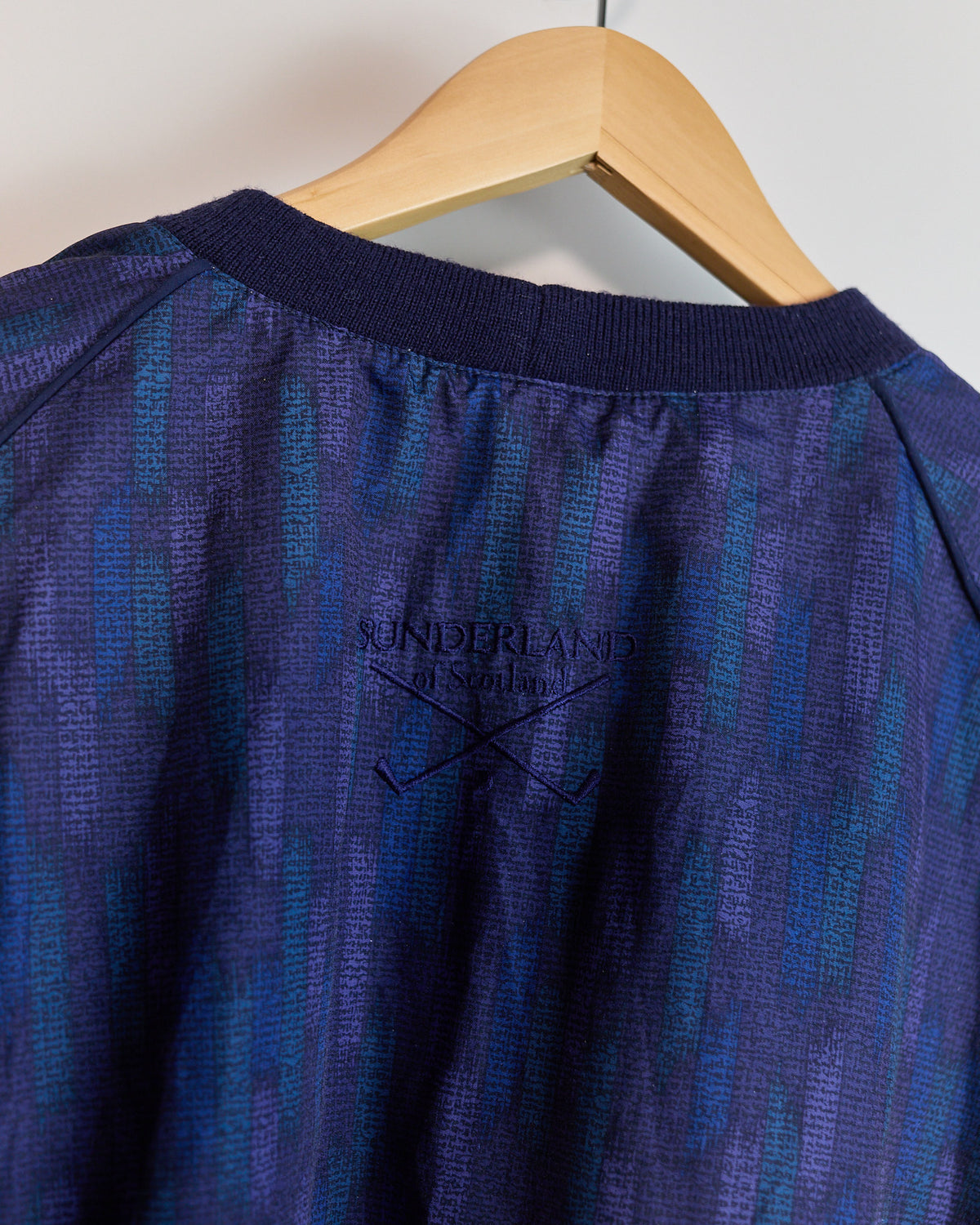 90s Sunderland of Scotland Blue/Purple Pattern Crew Neck Windbreaker (XL)