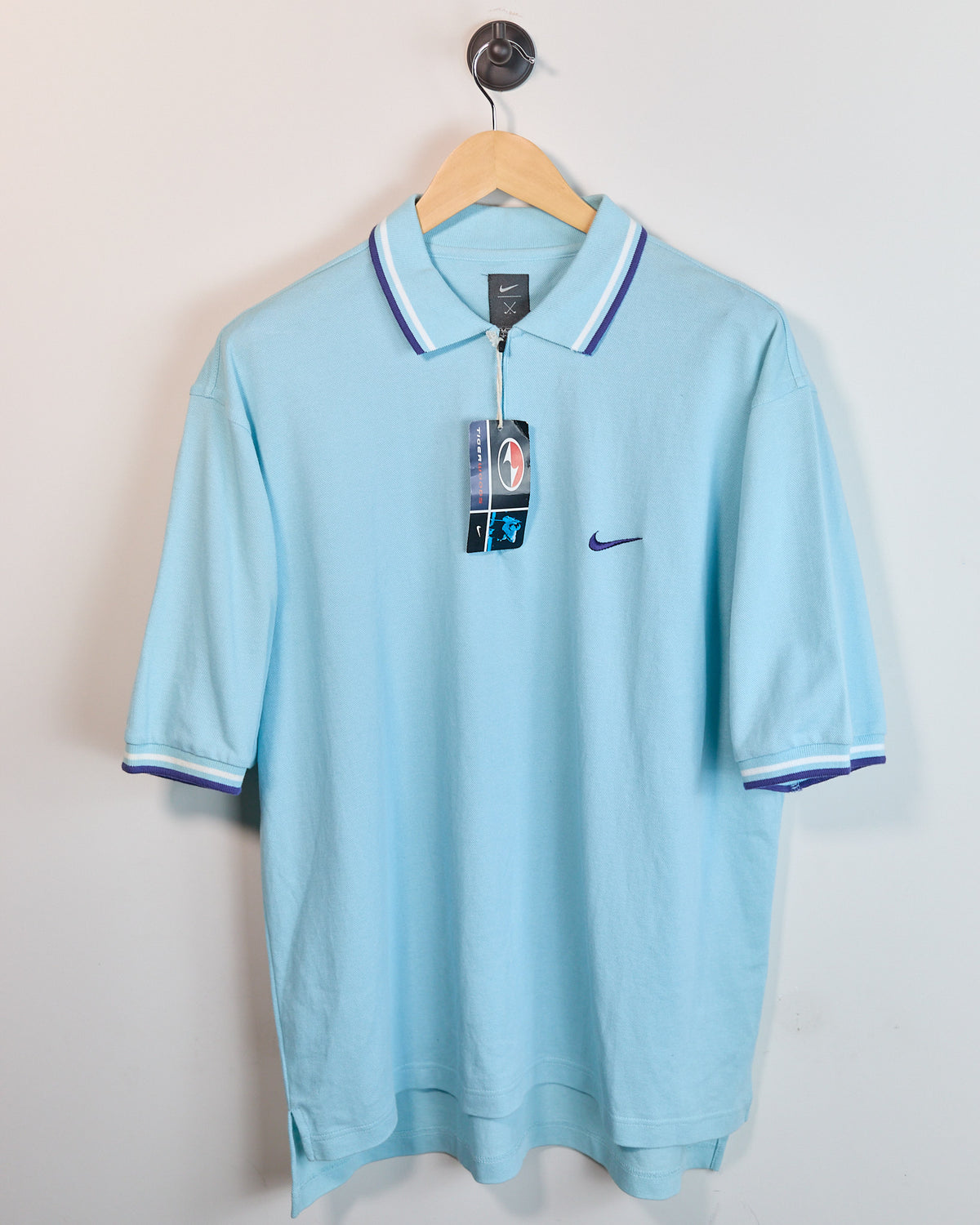 90s Nike Golf Tiger Woods Yin Yang Turquoise/Blue Short Sleeve Quarter Zip Polo (L, but bigger)