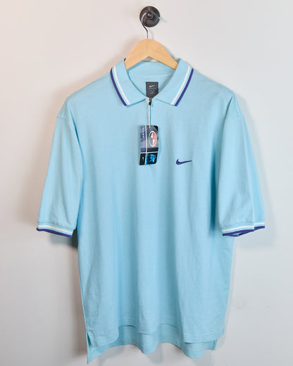 90s Nike Golf Tiger Woods Yin Yang Turquoise/Blue Short Sleeve Quarter Zip Polo (L, but bigger)