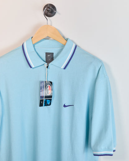 90s Nike Golf Tiger Woods Yin Yang Turquoise/Blue Short Sleeve Quarter Zip Polo (L, but bigger)