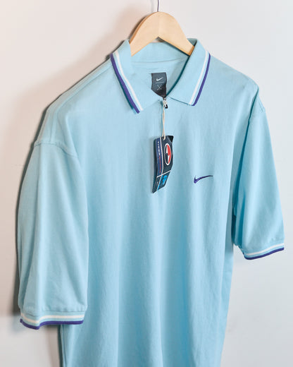 90s Nike Golf Tiger Woods Yin Yang Turquoise/Blue Short Sleeve Quarter Zip Polo (L, but bigger)