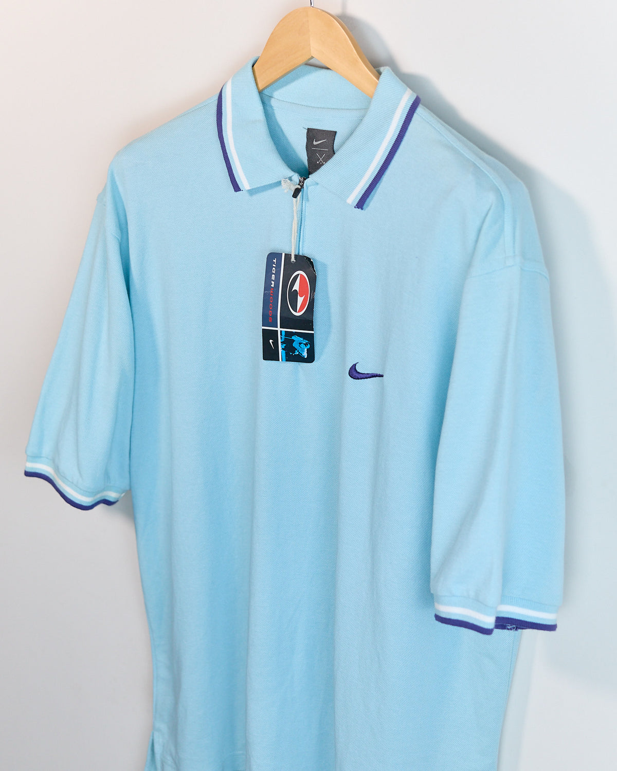 90s Nike Golf Tiger Woods Yin Yang Turquoise/Blue Short Sleeve Quarter Zip Polo (L, but bigger)