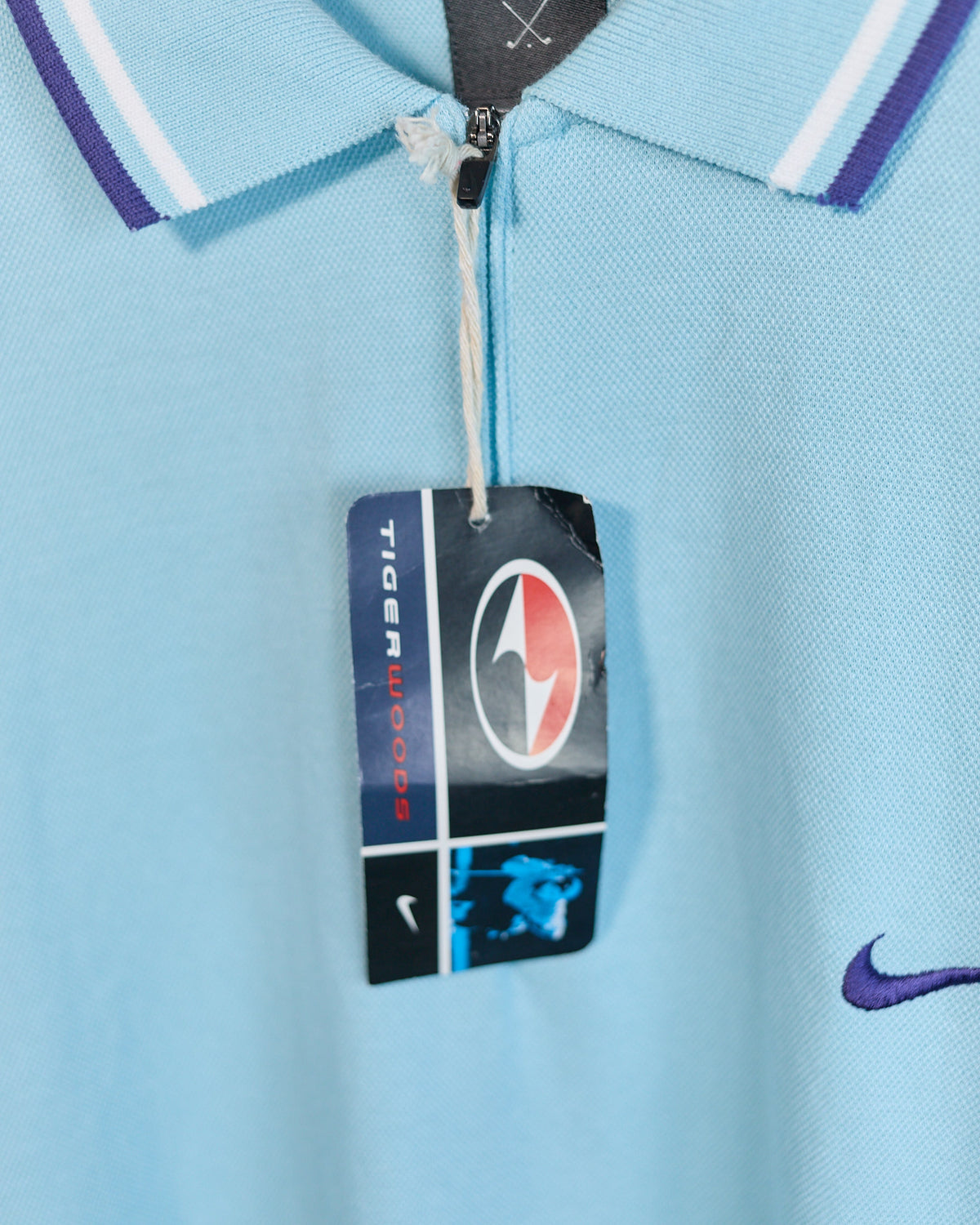 90s Nike Golf Tiger Woods Yin Yang Turquoise/Blue Short Sleeve Quarter Zip Polo (L, but bigger)