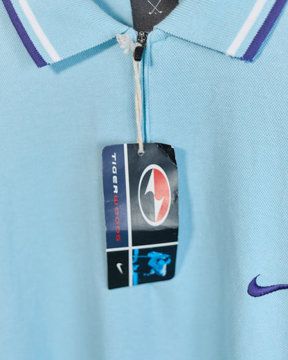 90s Nike Golf Tiger Woods Yin Yang Turquoise/Blue Short Sleeve Quarter Zip Polo (L, but bigger)