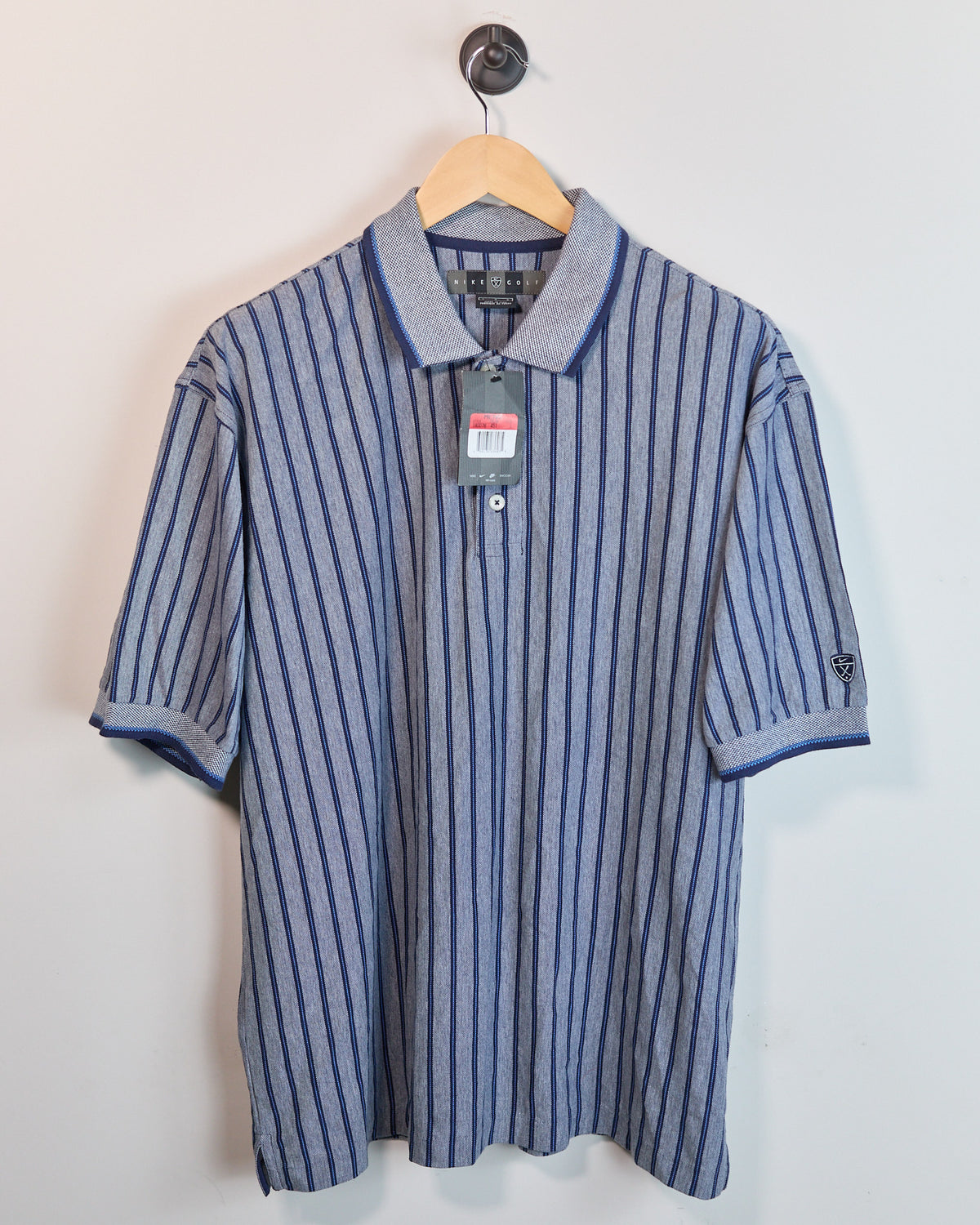 90s Nike Golf Dark Grey/Navy Vertical Stripe Pattern Short Sleeve Polo, new with tags (L, but bigger)