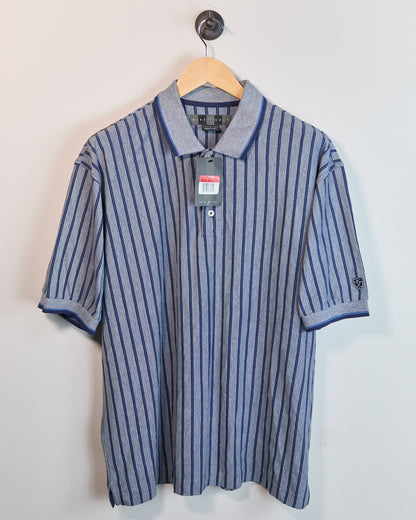 90s Nike Golf Dark Grey/Navy Vertical Stripe Pattern Short Sleeve Polo, new with tags (L, but bigger)