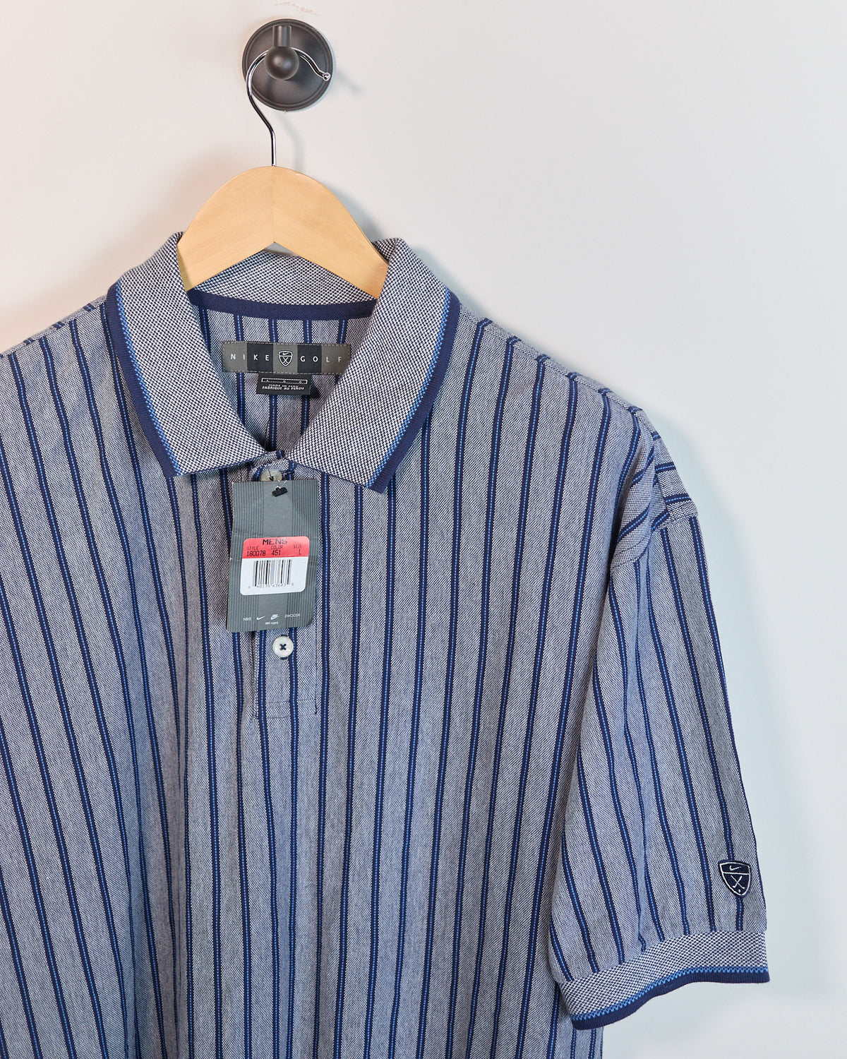 90s Nike Golf Dark Grey/Navy Vertical Stripe Pattern Short Sleeve Polo, new with tags (L, but bigger)