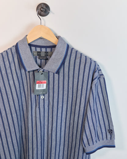 90s Nike Golf Dark Grey/Navy Vertical Stripe Pattern Short Sleeve Polo, new with tags (L, but bigger)