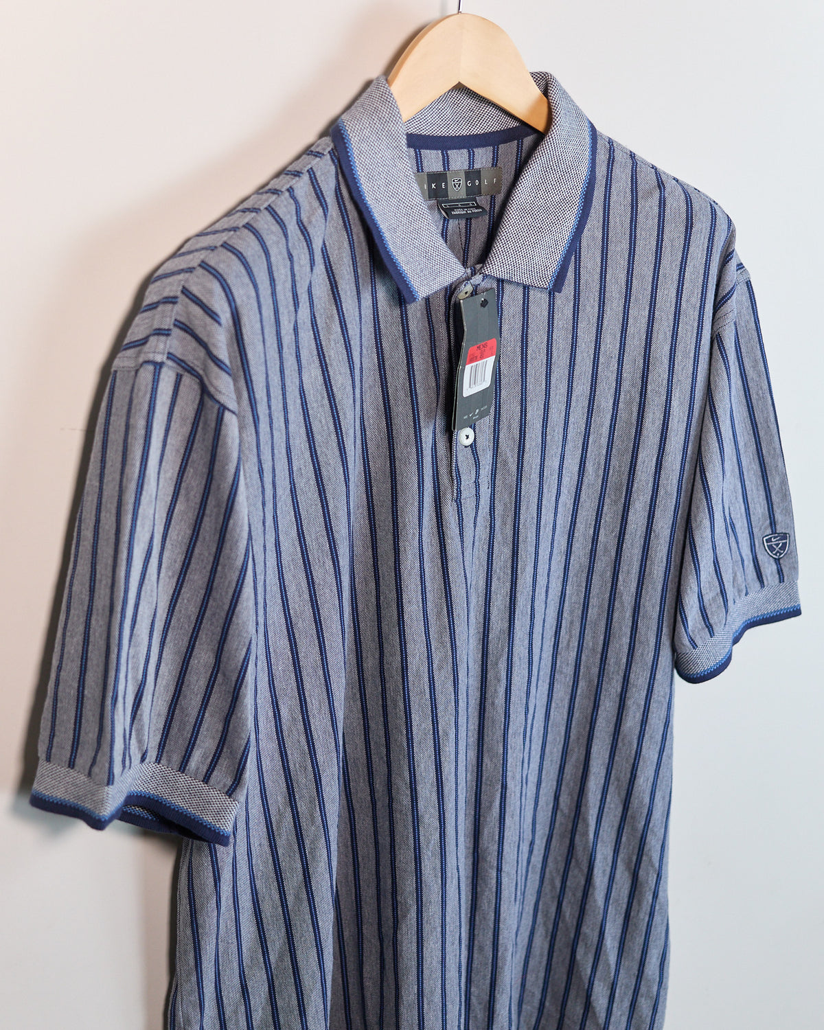 90s Nike Golf Dark Grey/Navy Vertical Stripe Pattern Short Sleeve Polo, new with tags (L, but bigger)