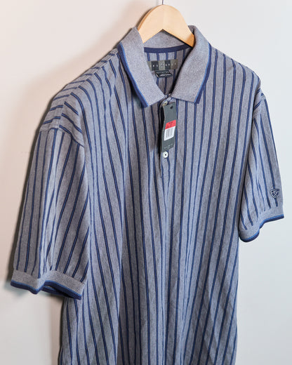 90s Nike Golf Dark Grey/Navy Vertical Stripe Pattern Short Sleeve Polo, new with tags (L, but bigger)