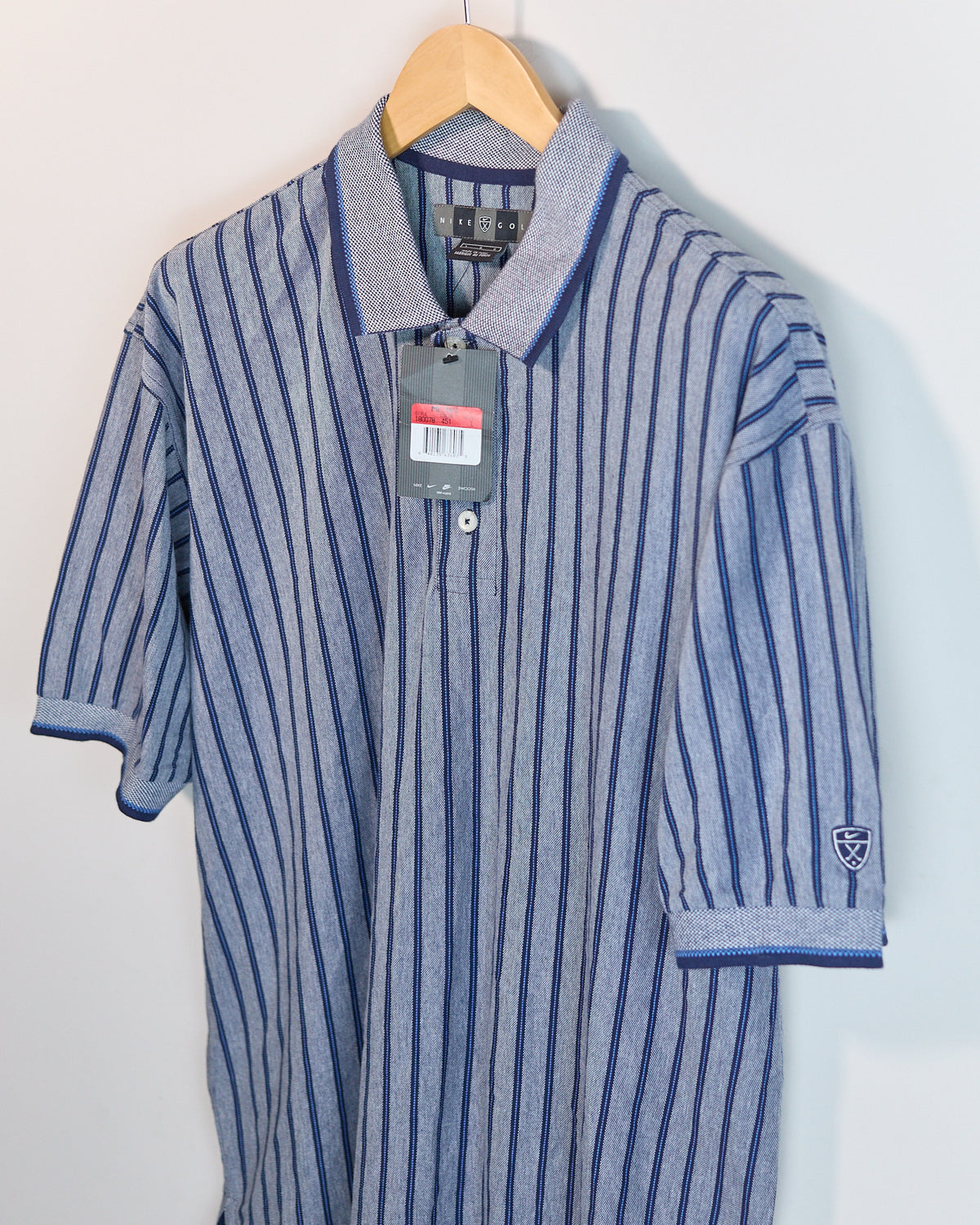 90s Nike Golf Dark Grey/Navy Vertical Stripe Pattern Short Sleeve Polo, new with tags (L, but bigger)