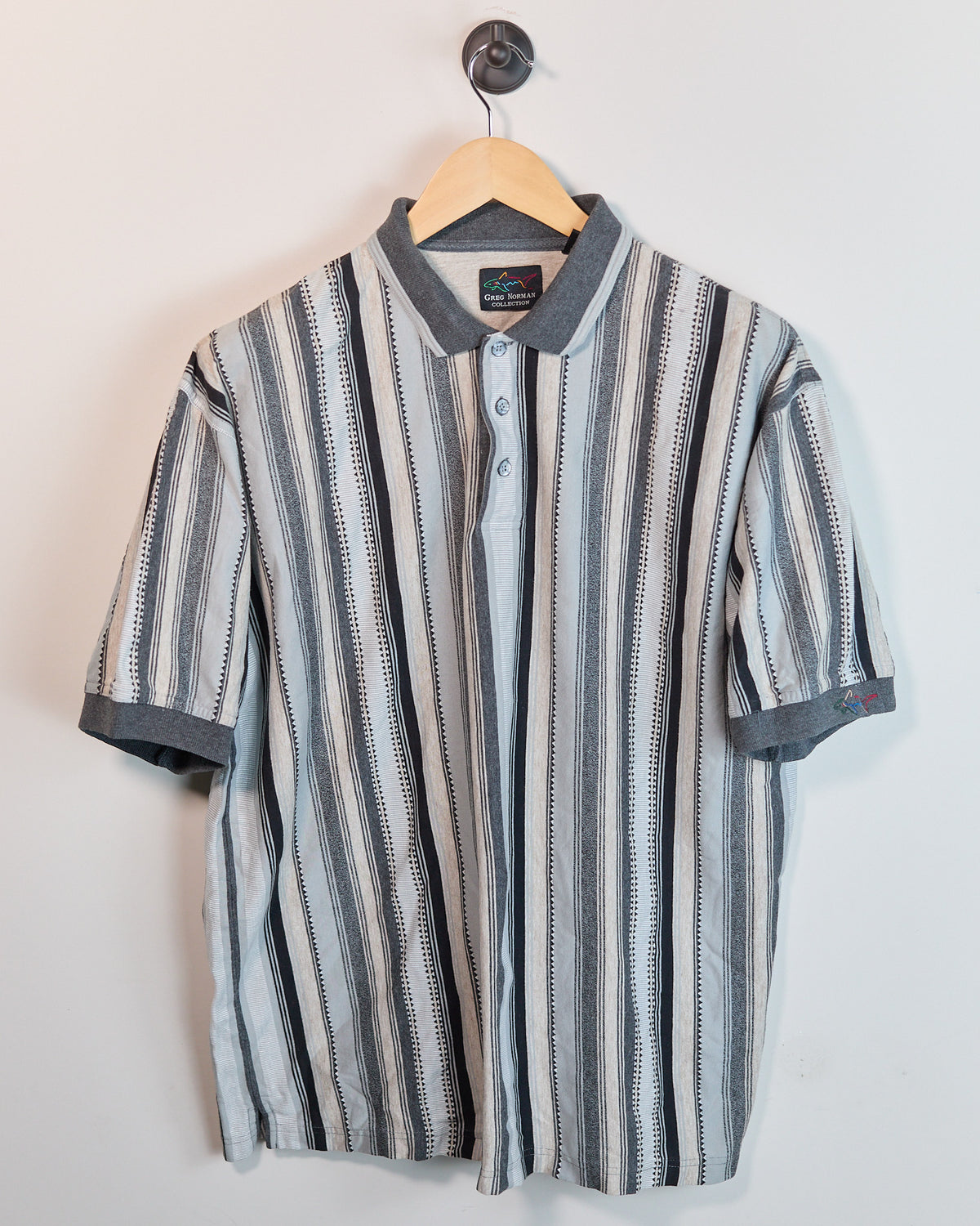 Early 90s Greg Norman Grey/White Short Sleeve Polo (L, boxy)