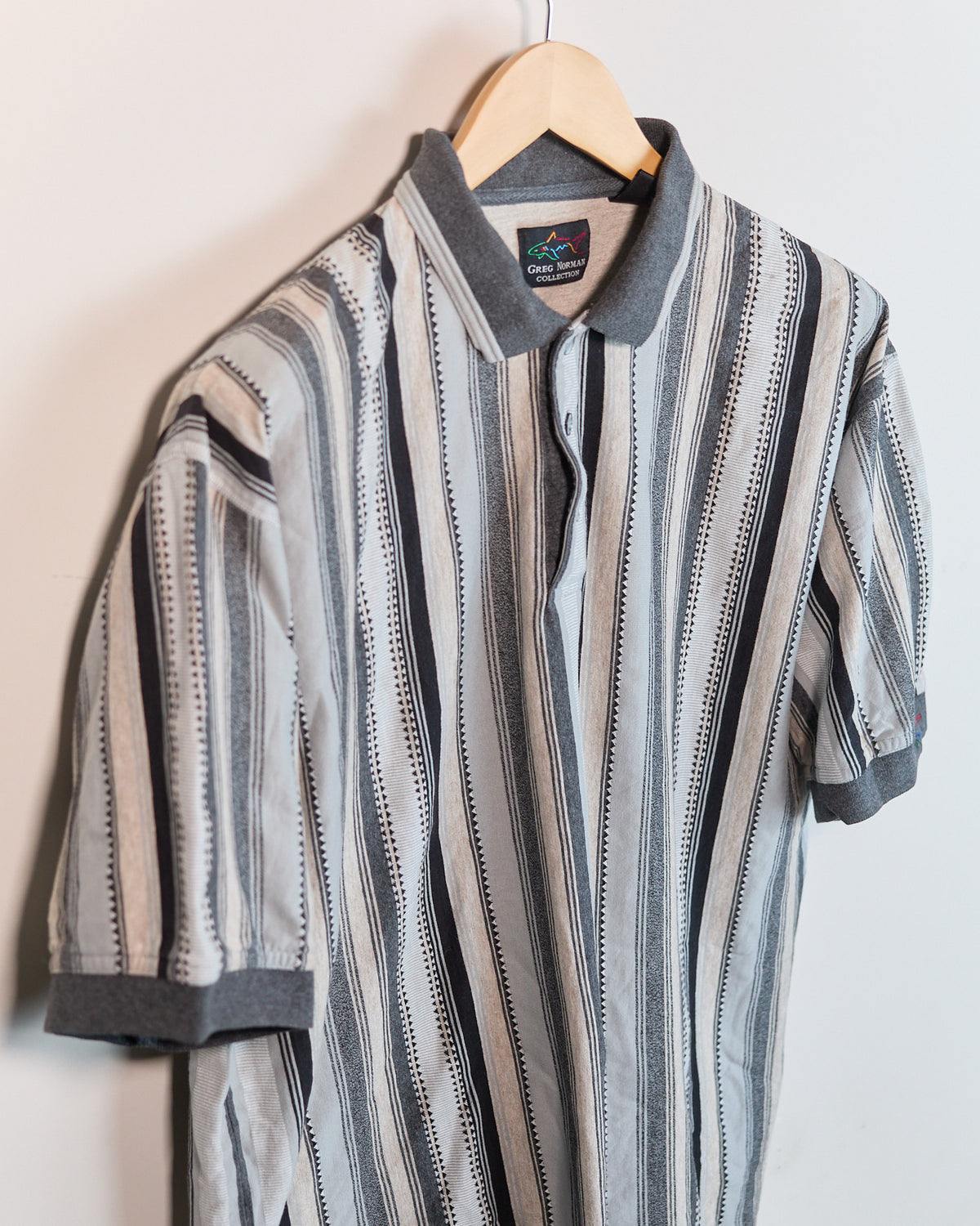 Early 90s Greg Norman Grey/White Short Sleeve Polo (L, boxy)