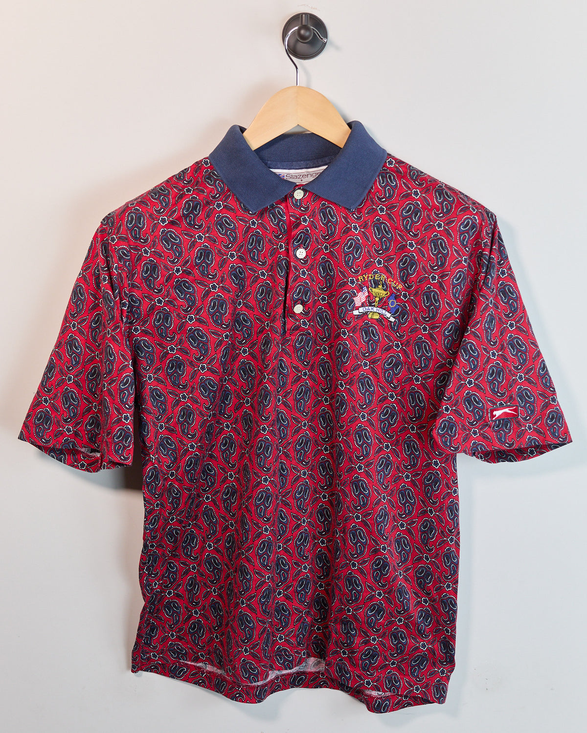 Mid 90s Slazenger Golf Red/Blue Pattern 1995 Ryder Cup Oak Hill Short Sleeve Polo (S, but slightly bigger)