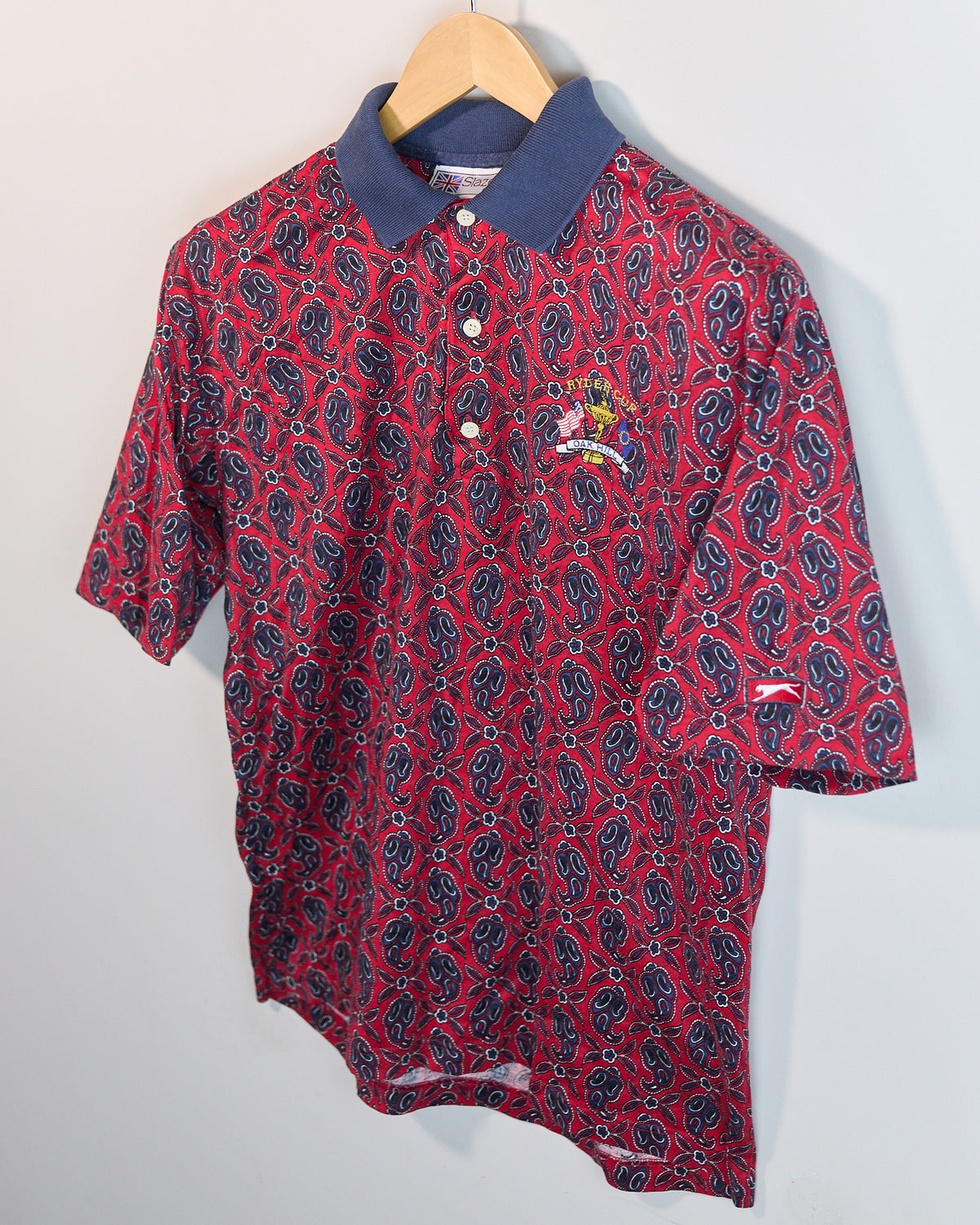 Mid 90s Slazenger Golf Red/Blue Pattern 1995 Ryder Cup Oak Hill Short Sleeve Polo (S, but slightly bigger)