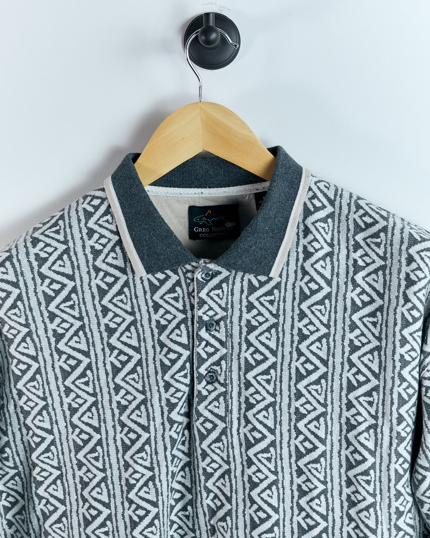 90s Greg Norman Grey/Cream Long Sleeve Polo (L)