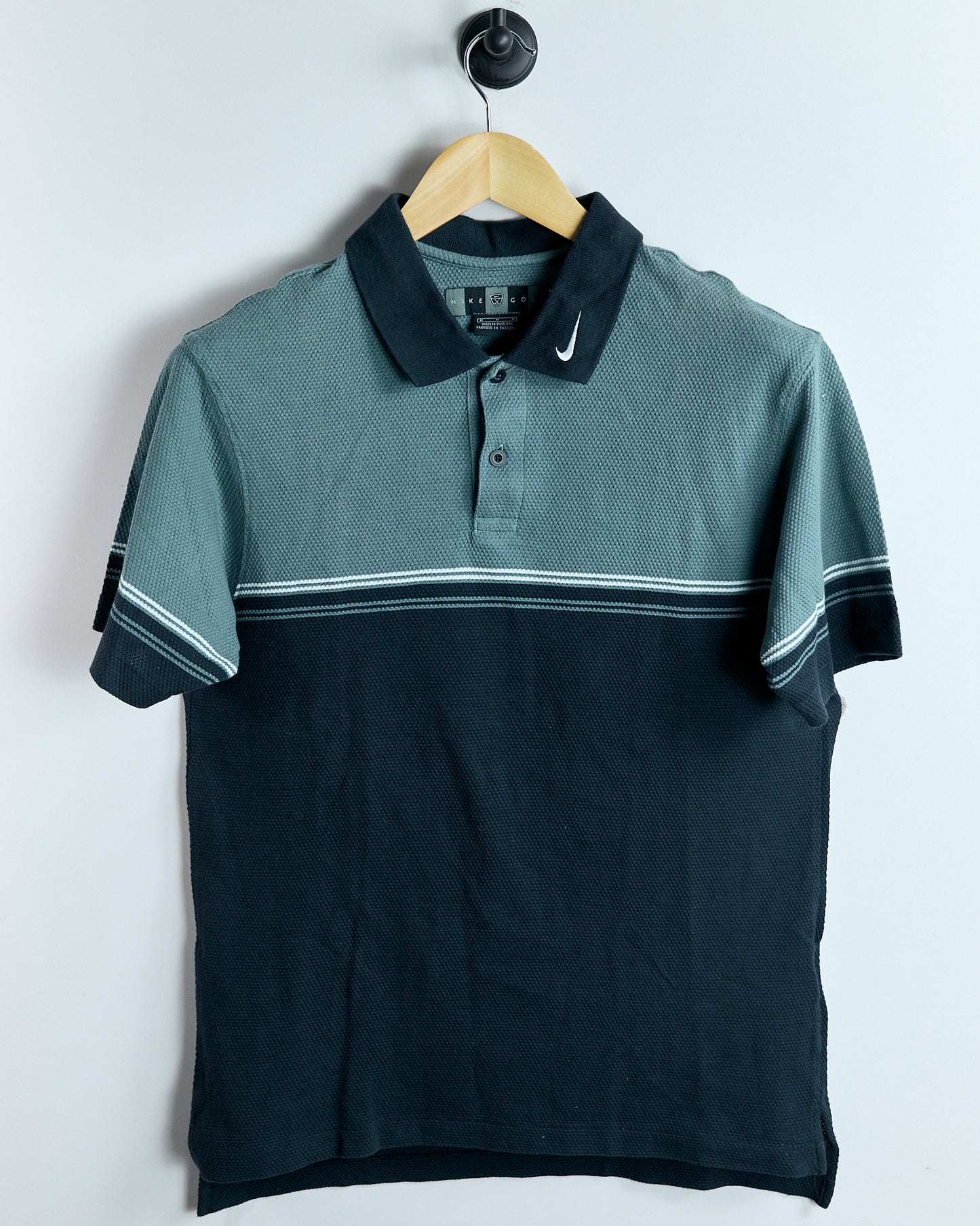 90s Nike Golf Shield Logo, Rare Swoosh collar, Navy Blue/Light Blue Cotton Polo (M)