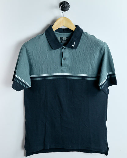90s Nike Golf Shield Logo, Rare Swoosh collar, Navy Blue/Light Blue Cotton Polo (M)