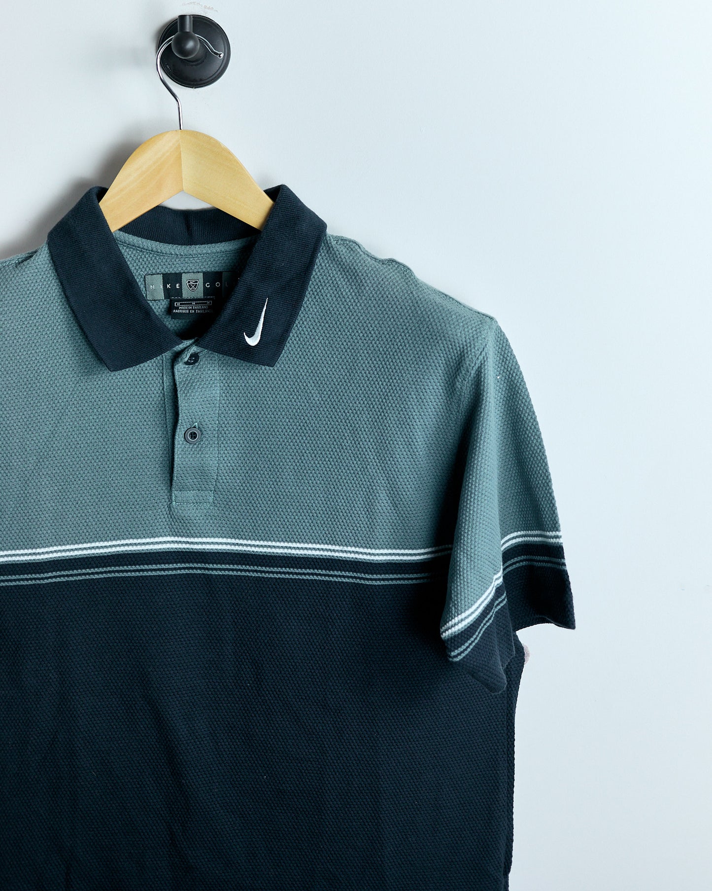 90s Nike Golf Shield Logo, Rare Swoosh collar, Navy Blue/Light Blue Cotton Polo (M)