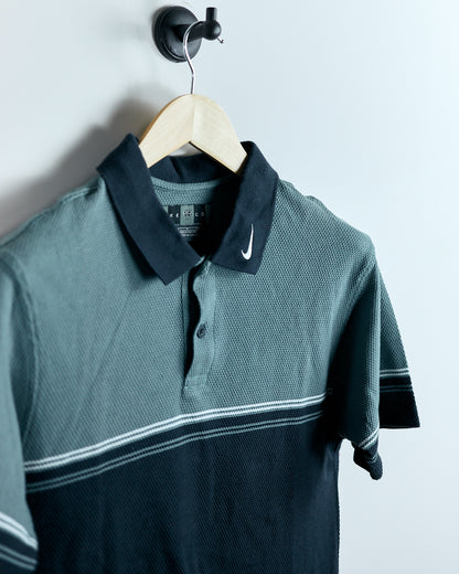 90s Nike Golf Shield Logo, Rare Swoosh collar, Navy Blue/Light Blue Cotton Polo (M)