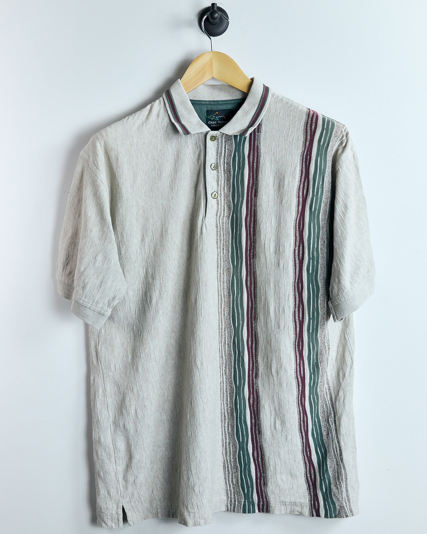 90s Greg Norman, Super rare Cream/Green Polo, stripe detail (M)