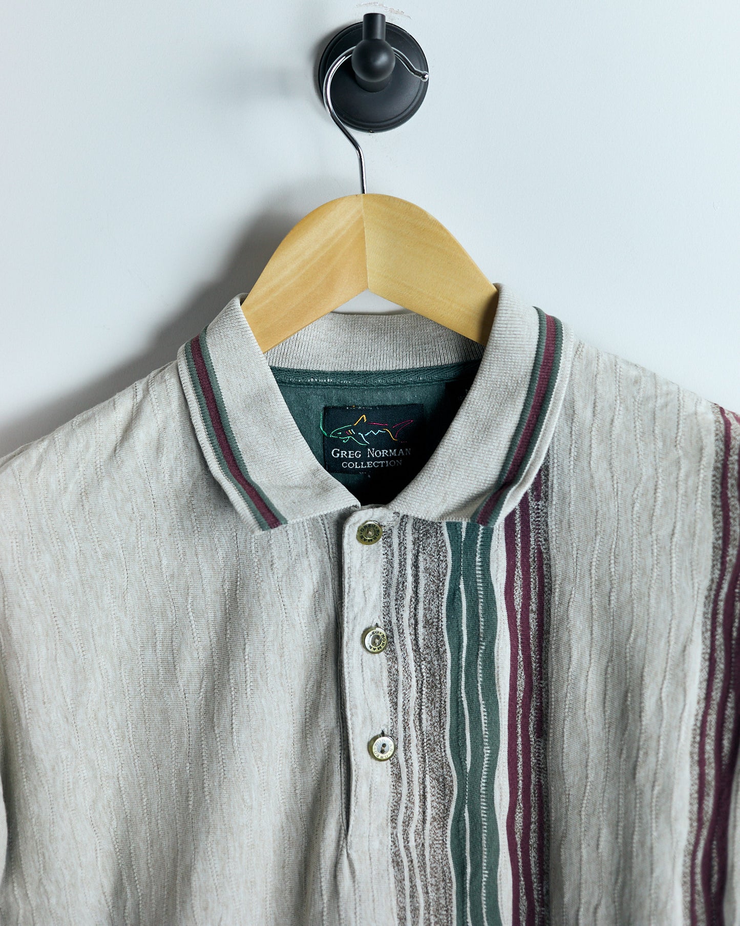 90s Greg Norman, Super rare Cream/Green Polo, stripe detail (M)
