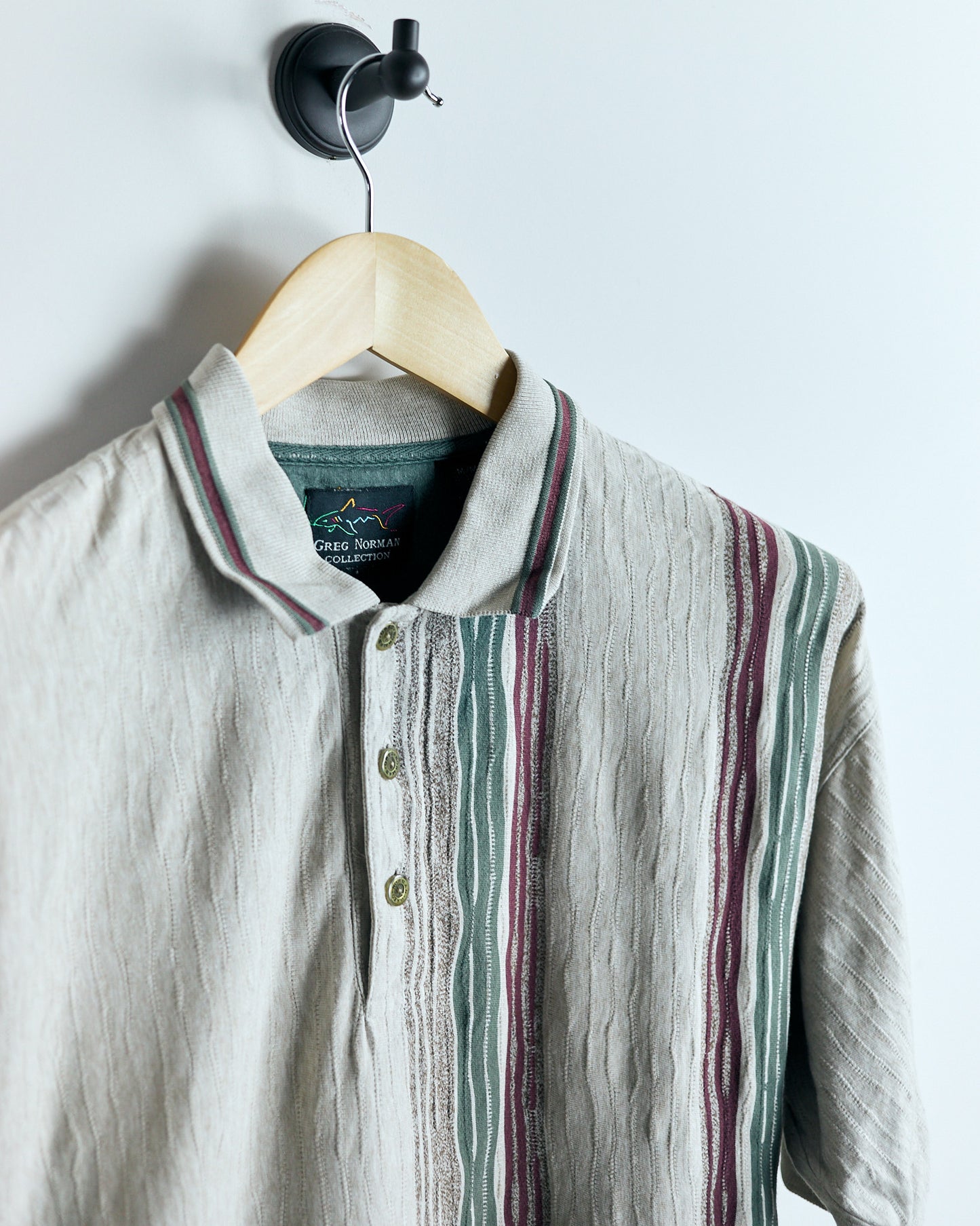 90s Greg Norman, Super rare Cream/Green Polo, stripe detail (M)