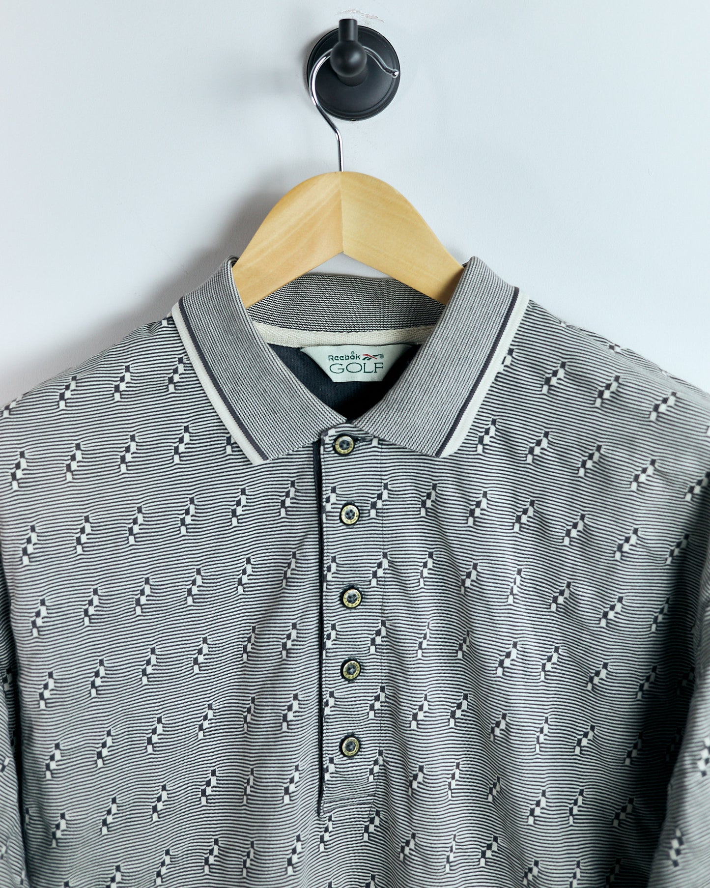 90s Reebok Cream/Brown Chequered Polo (L)