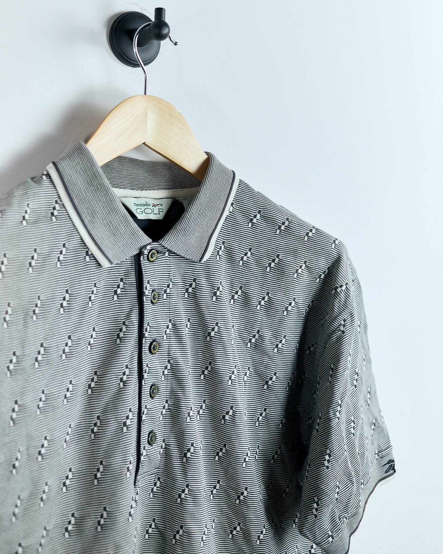 90s Reebok Cream/Brown Chequered Polo (L)